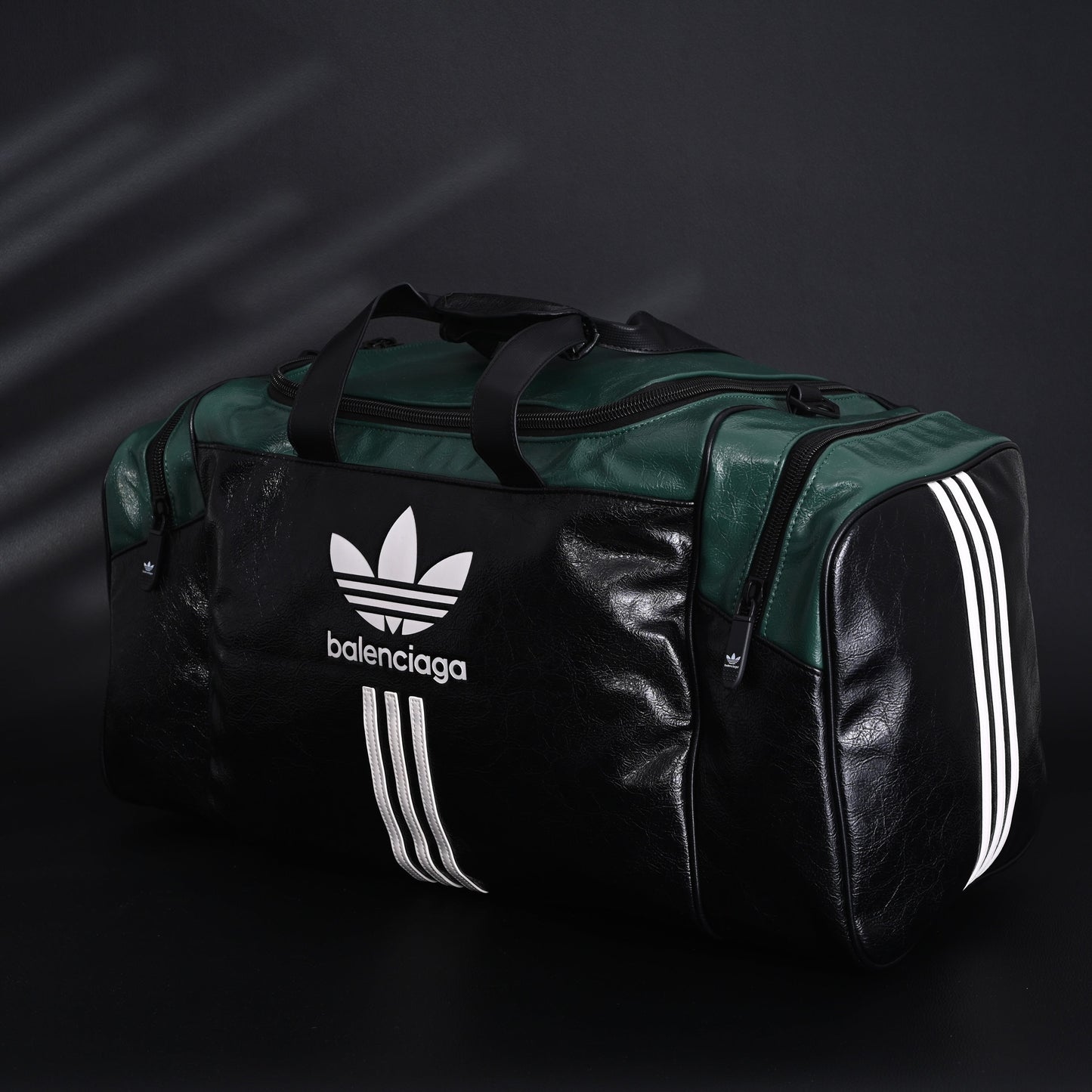 Balenciaga x adidas Large Duffel Travel Bag ¨C Black & Green with Trefoil Logo and Triple Stripes